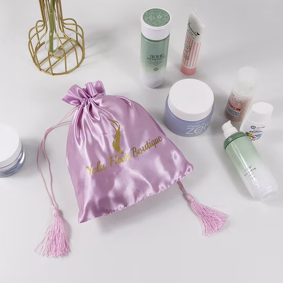 卸売ロゴウィッグサテンバッグ、パーソナライズされた高級女性のシルクヘアビッグブラック巾着バッグヘアパッケージ用